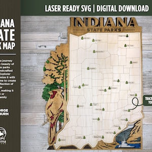 La carte du parc d'État de l'Indiana - Options personnalisées et non personnalisables - SVG, téléchargement de fichier PDF - Testé en Lightburn et Glowforge