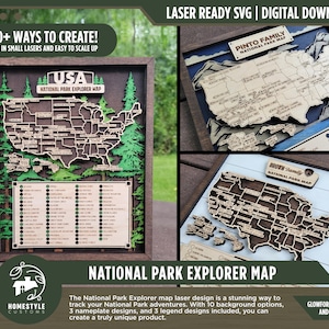 Mapa del Explorador del Parque Nacional - Más de 90 configuraciones de mapas, 10 fondos, opciones de puntuación y corte - Archivos SVG, PDF, AI - Funciona con todos los láseres