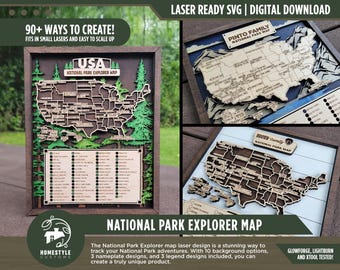 Może przedstawiać: Cyfrowy plik do pobrania gotowego do cięcia laserem pliku SVG mapy National Park Explorer. Mapa przedstawia szczegółowy zarys Stanów Zjednoczonych ze wszystkimi wymienionymi parkami narodowymi. Projekt obejmuje 10 opcji tła, 3 projekty tabliczek z nazwami i 3 projekty legend. Tekst "90+ WAYS TO CREATE!" znajduje się w górnej części obrazu. Tekst "FITS IN SMALL LASERS AND EASY TO SCALE UP" znajduje się pod pierwszym wierszem tekstu. Tekst "USA NATIONAL PARK EXPLORER MAP" znajduje się w górnej części mapy. Tekst "PINTO FAMILY NATIONAL PARK MAP" znajduje się w górnej części mapy. Tekst "BROWN FAMILY NATIONAL PARK MAP" znajduje się w górnej części mapy. Tekst "HOMESTYLE CUSTOMS" znajduje się w lewym dolnym rogu obrazu. Tekst "NATIONAL PARK EXPLORER MAP" znajduje się w dolnej środkowej części obrazu. Tekst "The National Park Explorer map laser design is a stunning way to track your National Park adventures. With 10 background options, 3 nameplate designs, and 3 legend designs included, you can create a truly unique product." znajduje się w dolnej środkowej części obrazu. Tekst "GLOWFORGE, LIGHTBURN AND XTOOL TESTED!" znajduje się w prawym dolnym rogu obrazu.