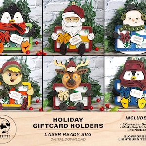 Porta-cartões de presente de feriado - 5 designs de personagens exclusivos - Laser Designs SVG, PDF, download de arquivo AI - testado em Glowforge e Lightburn