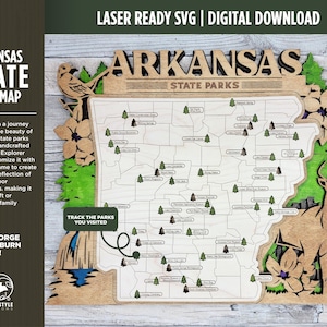 Carte du parc d'État de l'Arkansas - Options personnalisées et non personnalisables - SVG, téléchargement de fichier PDF - Testé dans Lightburn et Glowforge & Xtool