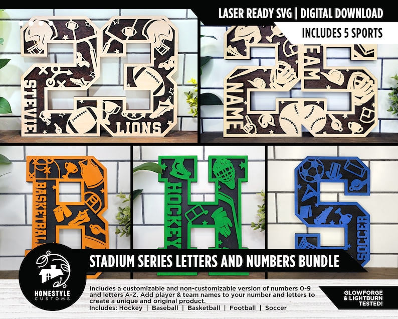 Peut inclure: Un lot de fichiers SVG t&eacute;l&eacute;chargeables num&eacute;riquement pour la d&eacute;coupe au laser de lettres et de chiffres de s&eacute;rie de stade. Le lot comprend cinq sports&nbsp;: hockey, baseball, basketball, football et soccer. Les lettres et les chiffres sont personnalisables avec les noms des joueurs et des &eacute;quipes.