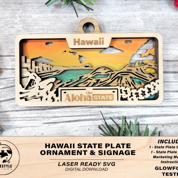 Hawaii State Plate Ornament and Signage - SVG File Download - Sized for Glowforge - Laser Ready Digital Files