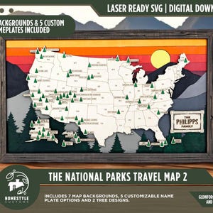 Die Nationalparks-Reisekarte 2 - 10 Hintergründe & 5 anpassbare Namensschilder - SVG, PDF, AI Datei-Download - Funktioniert mit allen Lasertypen