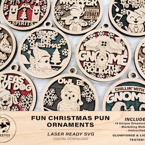 Fun Christmas Pun Ornaments - 14 Unique Laser Designs - SVG, PDF, AI File Download - Tested On Glowforge and LightBurn