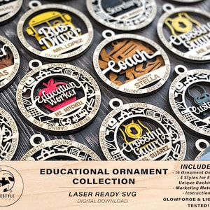 The Educational Ornaments - 16 Unique designs in 4 Styles - SVG, PDF, AI File Download - Tested in Glowforge & Lightburn