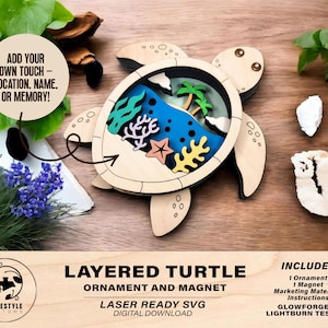 Op de afbeelding: Gelaagde houten schildpad ornament en magneet met een blauwe, groene en gele oceaan scène binnenin. Het ontwerp is laserklaar en getest voor Glowforge en Lightburn.