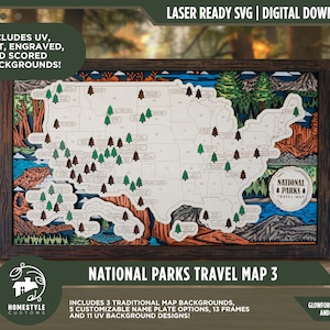 Puede incluir: Un mapa de viaje de parques nacionales 3 enmarcado en madera, con un mapa detallado de los Estados Unidos con diseños cortados con láser. El mapa incluye iconos de árboles verdes y marrones, y el texto "NATIONAL PARKS TRAVEL MAP". El marco es marrón oscuro.