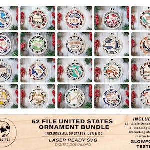 United States Ornament Bundle 52 Unique designs for each State SVG File Download Sized for Glowforge image 1