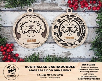 Labradoodle australiano - Adornos adorables para perros - 2 adornos incluidos - SVG, PDF, descarga de archivos AI - Tamaño para Glowforge