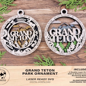 Grand Teton Park Ornament - enthält 2 Ornamente - Laser Design SVG, PDF, AI Datei Download - Getestet auf Glowforge und LightBurn
