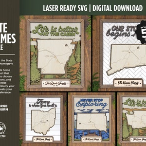 May include: A set of five laser-cut SVG files for creating state-shaped frames. Each frame features a different design, including a cabin, a map, and a quote. The frames are customisable with text, icons, and backgrounds. The designs are perfect for home decor and are tested for use with Glowforge and Lightburn.