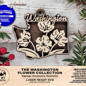 May include: Laser cut SVG design of the state of Washington with flowers. The design includes a sign, ornament, and keychain. The design is laser ready and tested for Glowforge and Lightburn.