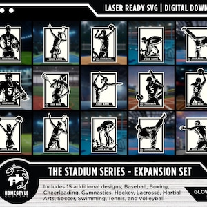 Peut inclure: Un ensemble de 15 fichiers SVG numériques pour la découpe au laser, mettant en scène divers personnages sportifs dans un cadre de stade. Les motifs incluent le baseball, la boxe, la cheerleading, la gymnastique, le hockey, le lacrosse, les arts martiaux, le football, la natation, le tennis et le volleyball. Le texte "The Stadium Series - Expansion Set" et "Glowforge Tested!" est inclus dans l'image.