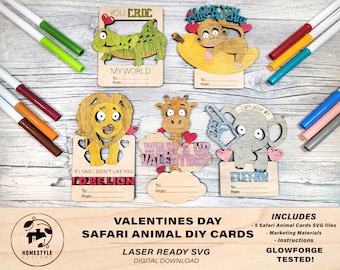 Valentines DIY Safari Paint Card Craft - Téléchargement de fichier SVG - Dimensionné et testé sur Glowforge