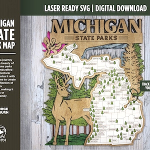 La carte du parc d'État du Michigan - Options personnalisées et non personnalisables - SVG, téléchargement de fichier PDF - Testé en Lightburn et Glowforge