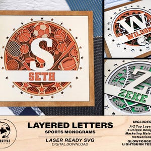 Skiktade bokstäver Sportmonogram - 6 lager av sportdesigner - SVG-, PDF-, AI-filnedladdning - Fungerar med alla lasertyper