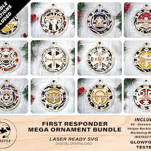 May include: A set of 40 laser-cut SVG files for creating first responder ornaments. The designs include police, firefighter, EMT, sheriff, volunteer, and dispatcher. The designs are ready to be cut on a Glowforge.