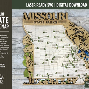 Carte du parc d'État du Missouri - Options personnalisées et non personnalisables - SVG, téléchargement de fichier PDF - Testé en Lightburn et Glowforge