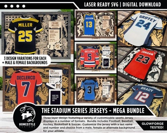Stadium Series Jersey Mega Bundle - 5 Sports - 3 Variations pour chacun - Arrière-plans masculins, féminins et alternatifs - Fichiers SVG -Taille pour Glowforge