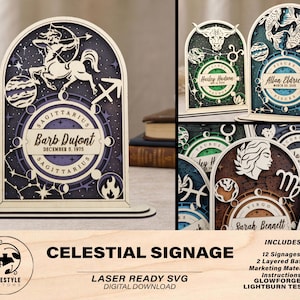May include: A layered wooden celestial sign featuring a Sagittarius design with the name "Barb Dufont" and birthdate "December 5, 1975". The sign is in shades of purple, white, and brown. The text "CELESTIAL SIGNAGE" is at the bottom.