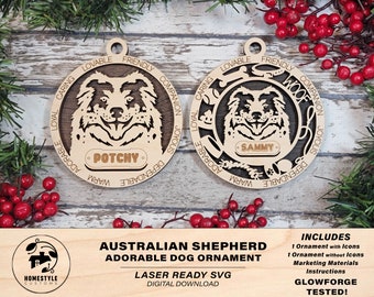 Australian Shepherd - Adorable Dog Ornaments - 2 Ornaments included - SVG, PDF, AI File Download - Sized for Glowforge