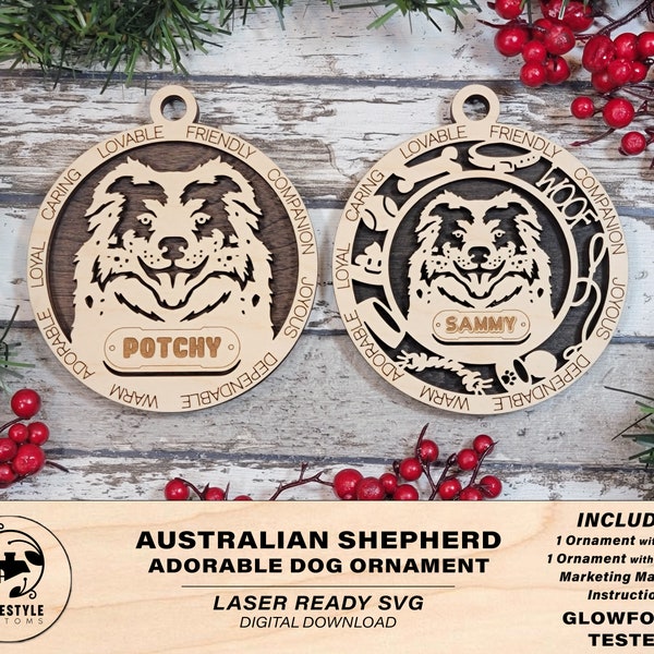 Australian Shepherd - Adorable Dog Ornaments - 2 Ornaments included - SVG, PDF, AI File Download - Sized for Glowforge