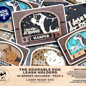 Adorable Dog Leash Holders - Pack 2 - 50 Breeds included - SVG, PDF,AI file types - Glowforge and Lightburn Tested