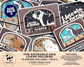 Adorables supports de laisse pour chien - Pack 2 - 50 races incluses - Types de fichiers SVG, PDF, AI - Glowforge et Lightburn Testés