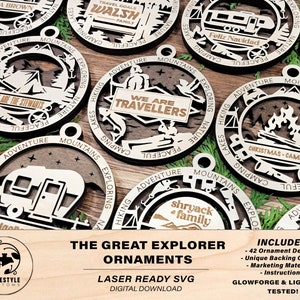 The Great Explorer Ornaments - Camping, Rv, Outdoor Designs - 42 Unique designs - SVG, PDF, AI File Download - Sized for Glowforge