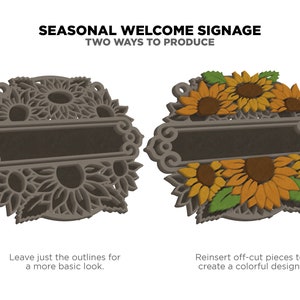 May include: Two ways to create a welcome sign with a sunflower design. The first option shows a basic outline of the design. The second option shows the design with the cut-out pieces reinserted to create a colourful design.