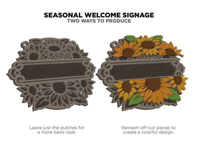 May include: Two ways to create a welcome sign with a sunflower design. The first option shows a basic outline of the design. The second option shows the design with the cut-out pieces reinserted to create a colourful design.