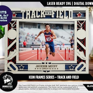 May include: A laser-cut wooden frame with the words "Track and Field" at the top. The frame holds a photo of a track athlete. The frame includes decorative elements like a shoe, a track, and a medal. The frame is designed to fit 4x6, 5x7, and 8x10 photos.