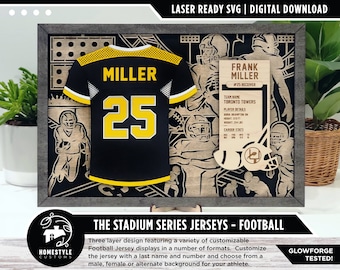 May include: A digital download of a laser-cut design for a football jersey. The design features a black jersey with a yellow number 25 and the name "MILLER" on the front. The design also includes a separate piece with player details, including the name "FRANK MILLER", team name "TORONTO TOWERS", and player stats. The design is part of a series called "THE STADIUM SERIES JERSEYS - FOOTBALL".