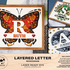Può includere: Un monogramma di lettere a strati con cornice in legno con un disegno a farfalla. La farfalla ha strati arancioni, neri e bianchi con la lettera "R" e il nome "RUTH". I disegni aggiuntivi includono una giraffa, un elefante e un globo.