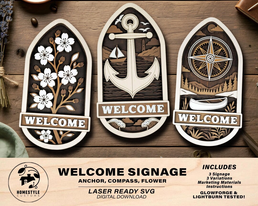 Welcome Door Hanger Signage - Anchor, Compass, Flower - SVG, PDF, AI ...