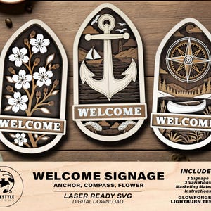 Welcome Door Hanger Signage - Anchor, Compass, Flower - SVG, PDF, AI Files - Works on all Lasers