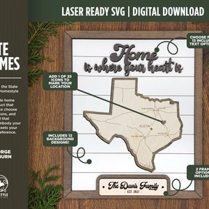 May include: A laser-cut wooden state frame featuring a map of Texas with the text "Home is where your heart is" and "The Davis Family Est. 2017". The frame is customisable with 25 icons and 13 text options.