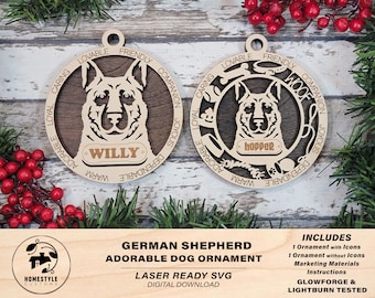 German Shepherd - Adorable Dog Ornaments - 2 Ornaments included - SVG, PDF, AI File Download - Sized for Glowforge