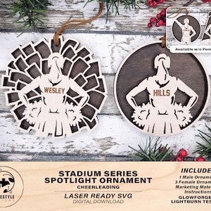 Adornos de foco de la serie Stadium: animadoras, opciones masculinas y femeninas, descarga de archivos SVG, PDF y AI, funciona con todos los tipos de láser