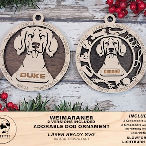 Puede incluir: Adorno de madera cortado con láser con la raza de perro Weimaraner. El adorno tiene dos versiones, una con iconos y otra sin. El adorno está personalizado con los nombres "Duke" y "Gunner".