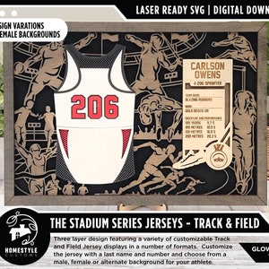 May include: A laser-cut design for a track and field jersey with the number 206 in red on a white jersey. The design includes a nameplate with the text "Carlson Owens #206 Sprinter" and a section for team name, location, and performance statistics.