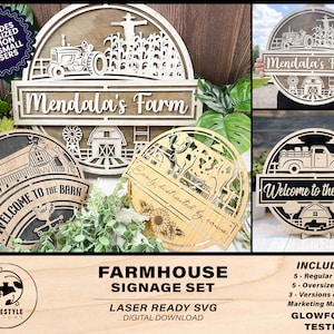 Conjunto de señalización de granja - 5 versiones regulares y de gran tamaño incluidas - Descarga de archivo SVG - Tamaño y probado en Glowforge