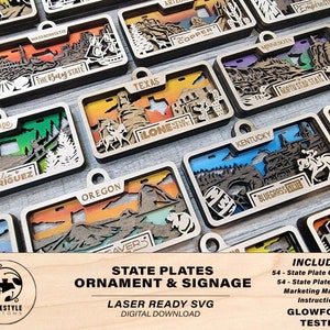 State Plate Bundle Ornaments and Signage - SVG File Download - Sized for Glowforge - Laser Ready Digital Files