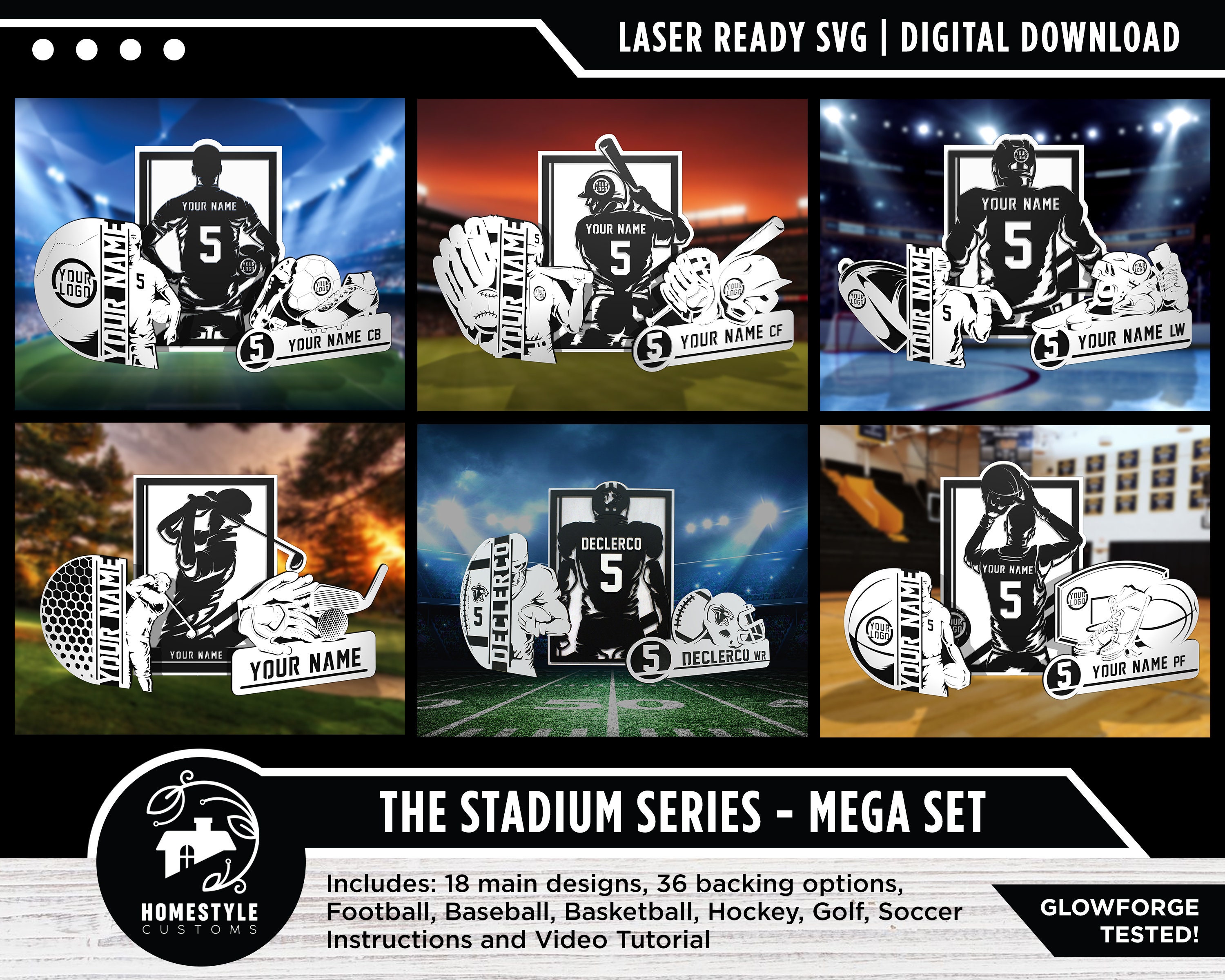 Stadium Series Sports Signage Mega Pack - 18 modèles, 3 de chaque sport - Téléchargement de fichier SVG - Dimensionné pour Glowforge