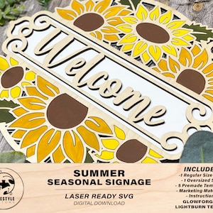 May include: Laser cut SVG design for a welcome sign featuring sunflowers. The design includes two sizes of signs, five premade templates, marketing materials, and instructions. The design is tested for Glowforge and Lightburn.