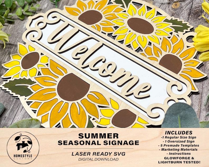 May include: Laser cut SVG design for a welcome sign featuring sunflowers. The design includes two sizes of signs, five premade templates, marketing materials, and instructions. The design is tested for Glowforge and Lightburn.