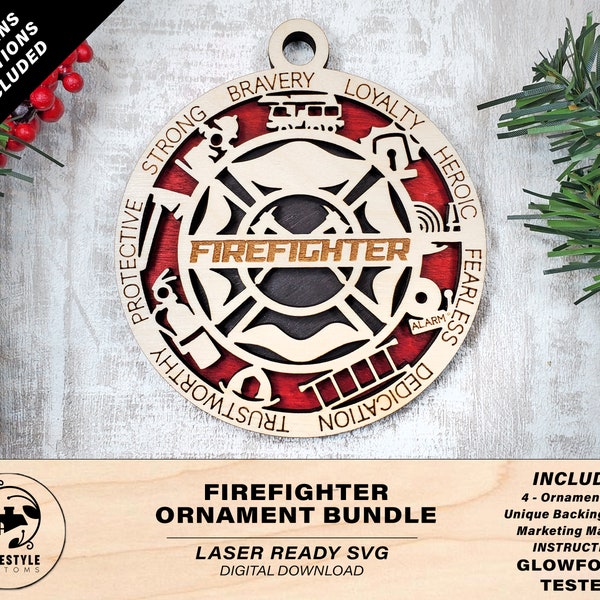 Feuerwehrmann Ornament Bundle - 4 Einzigartige Designs - SVG, PDF, AI Datei Download - Größe für Glowforge