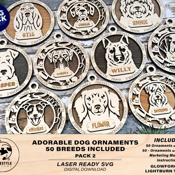 Adorable Dog Ornaments Pack 2 - 50 Breeds included with 2 Versions - 100+ Ornaments - SVG, PDF, AI File Download - Sized for Glowforge