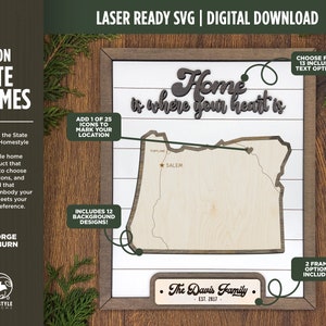 Może przedstawiać: Laserowo wycięty projekt SVG stanu Oregon z tekstem "Home is where your heart is" i "The Davis Family Est. 2017" w drewnianej ramie. Projekt zawiera 13 opcji tekstu, 2 opcje ramki i 1 z 25 ikon do zaznaczenia lokalizacji.